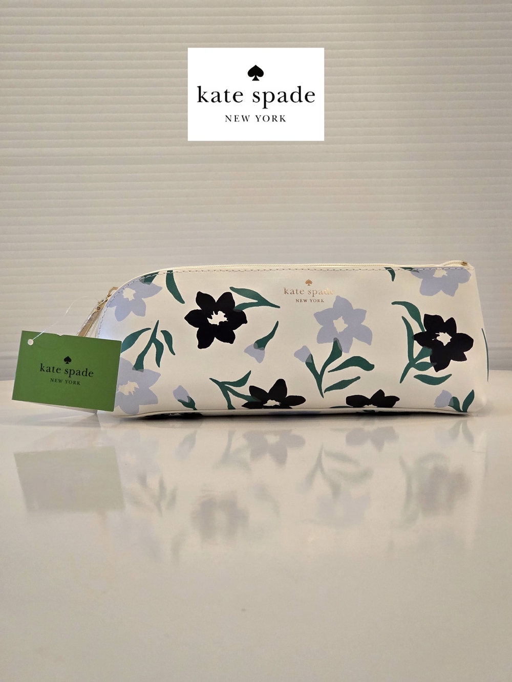NWT kate spade Blue Floral Zip Pencil Pouch with ruler, eraser & sharpener